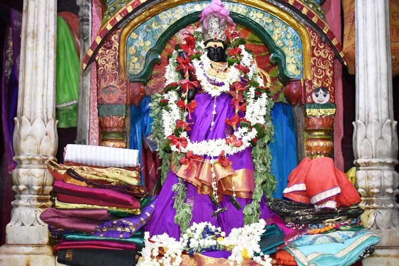 Sri Vishalakshi Devi idol dressed in purple silk saree and floral garlands at Vishalakshi Shaktipeeth, Varanasi
